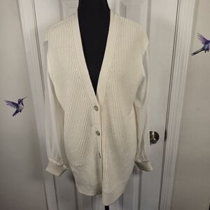 NWT WynneLayers Cream Mixed Media Ribbed Knit Cardigan Sweater Sheer Sleeves S